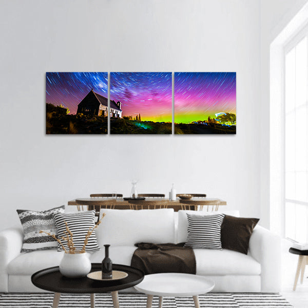 Star trails Aurora light at Church of Good, Lake Tekapo, Panoramic Canvas Wall Art