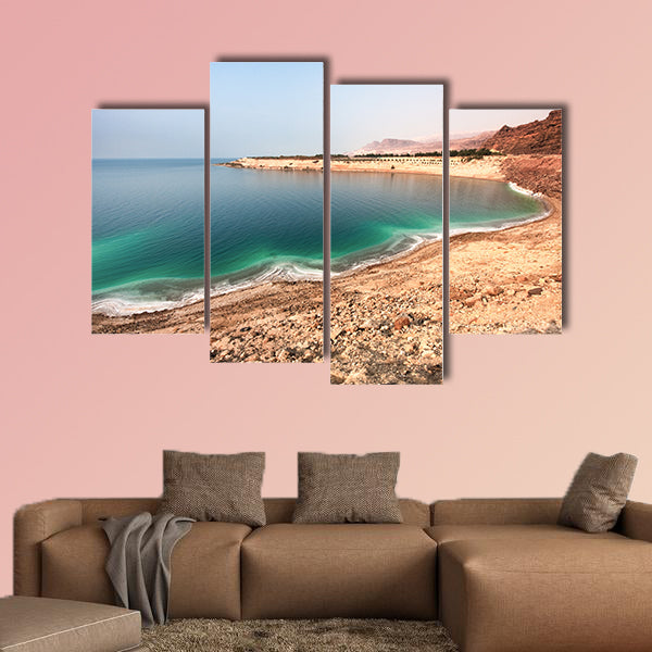 Overview of the white Dead Sea shore from Jordan side multi panel canvas wall art
