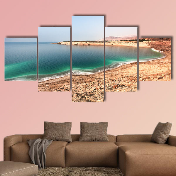 Overview of the white Dead Sea shore from Jordan side multi panel canvas wall art