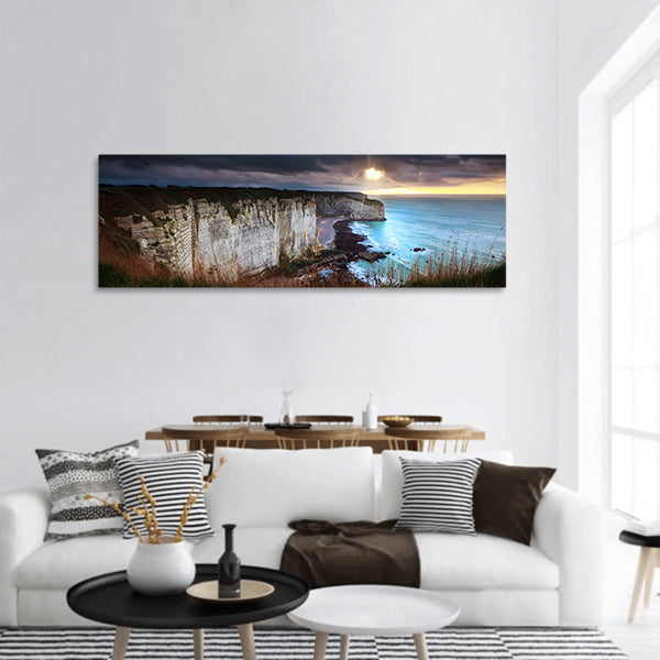 Sunshine and storm sky over cliffs in ocean, Etretat, France panoramic canvas wall art