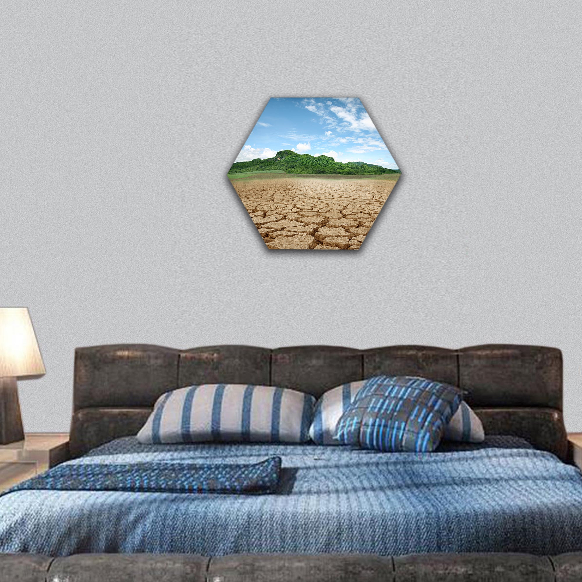 Cracked earth concept image of global warming hexagonal canvas wall art