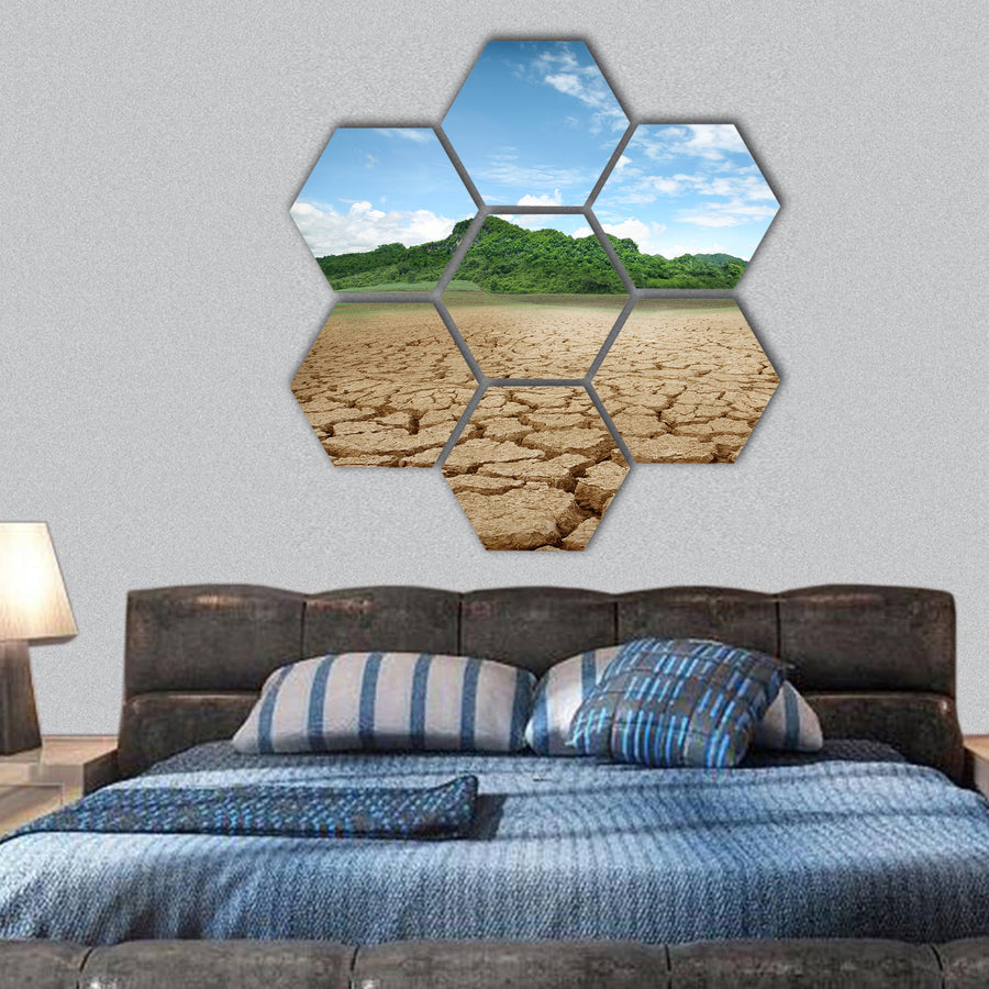 Cracked earth concept image of global warming hexagonal canvas wall art