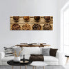 Roast coffee beans in small dishes on a weathered driftwood panoramic canvas wall art