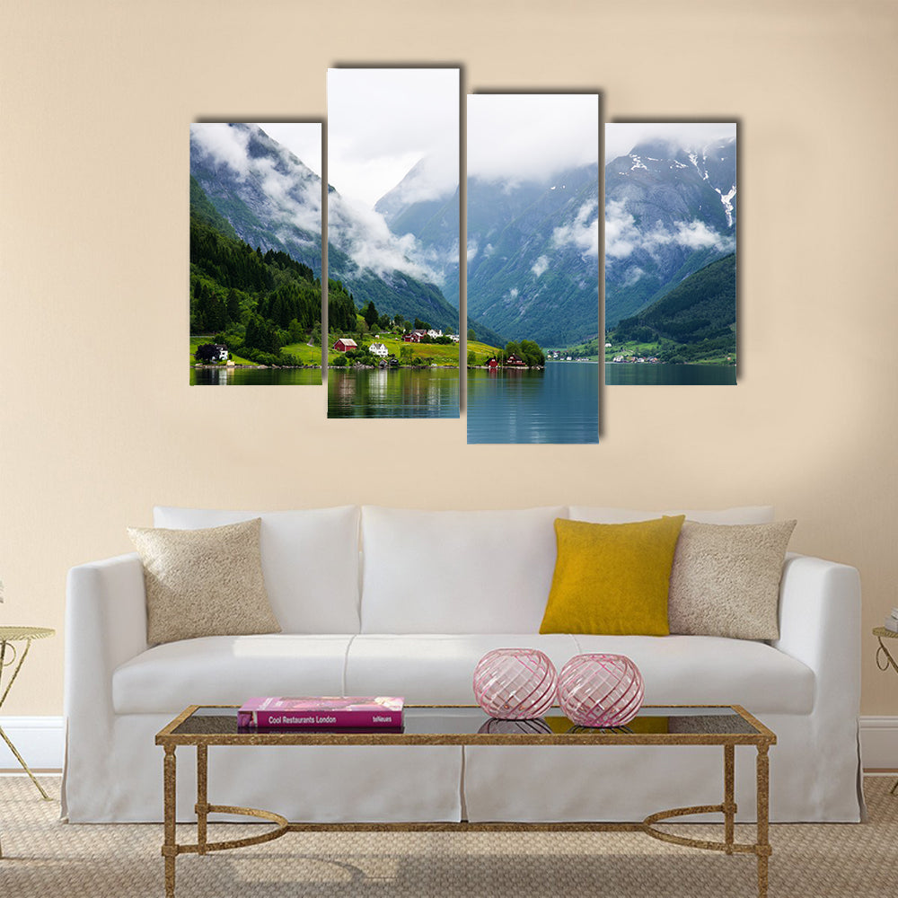 The summer view to Sognafjord and village in Norway multi panel canvas wall art
