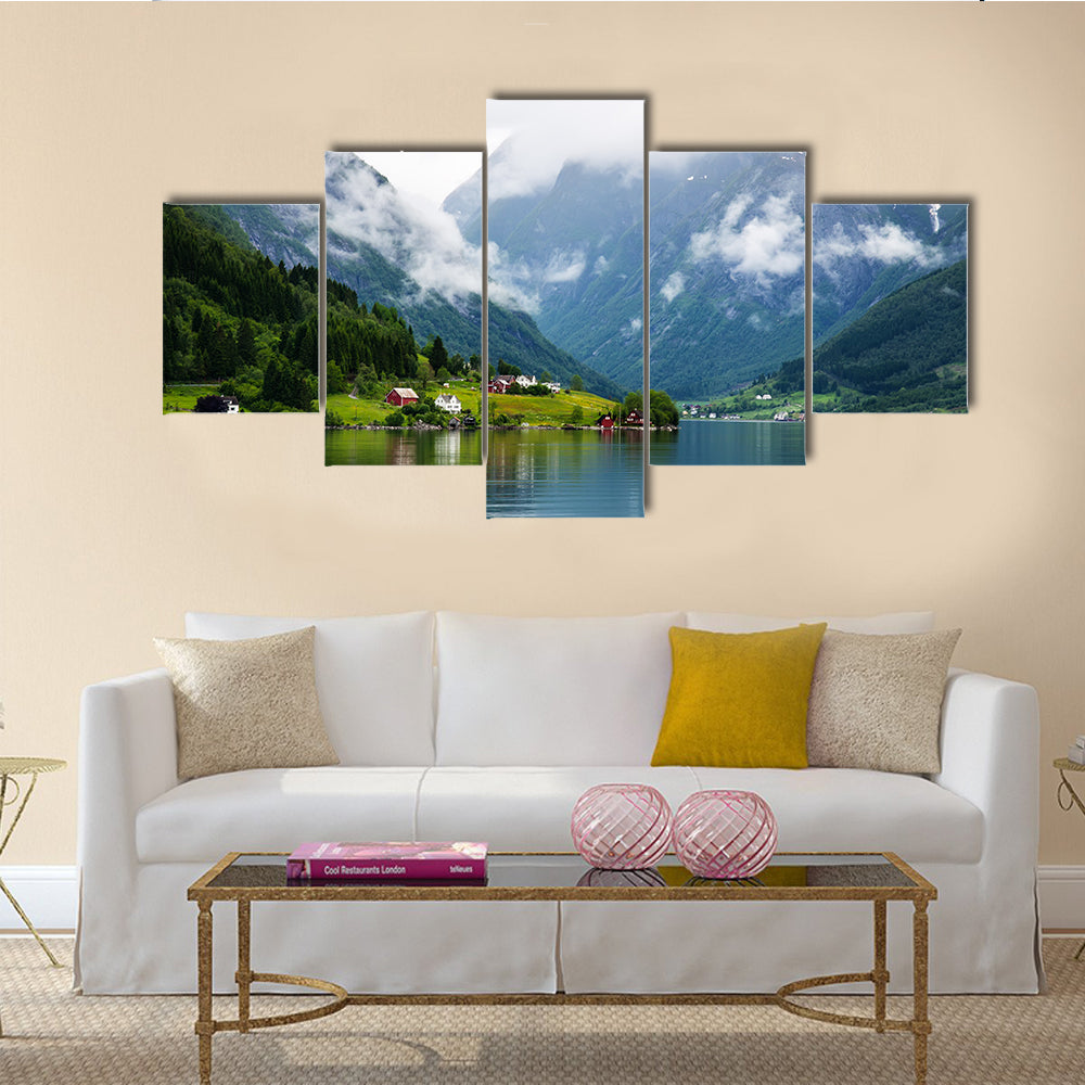 The summer view to Sognafjord and village in Norway multi panel canvas wall art