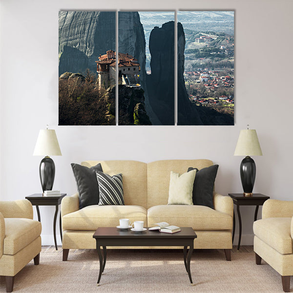 Meteora monastery and rock formations Multi Panel Canvas Wall Art