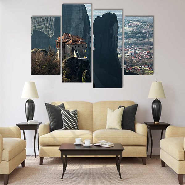 Meteora monastery and rock formations Multi Panel Canvas Wall Art