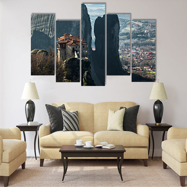 Meteora monastery and rock formations Multi Panel Canvas Wall Art