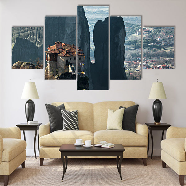 Meteora monastery and rock formations Multi Panel Canvas Wall Art