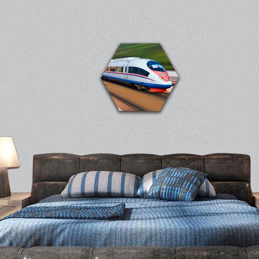 high speed modern commuter train, motion blur hexagonal canvas wall art