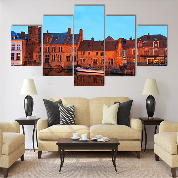 Romantic view on the channel in Brugge Multi panel canvas wall art