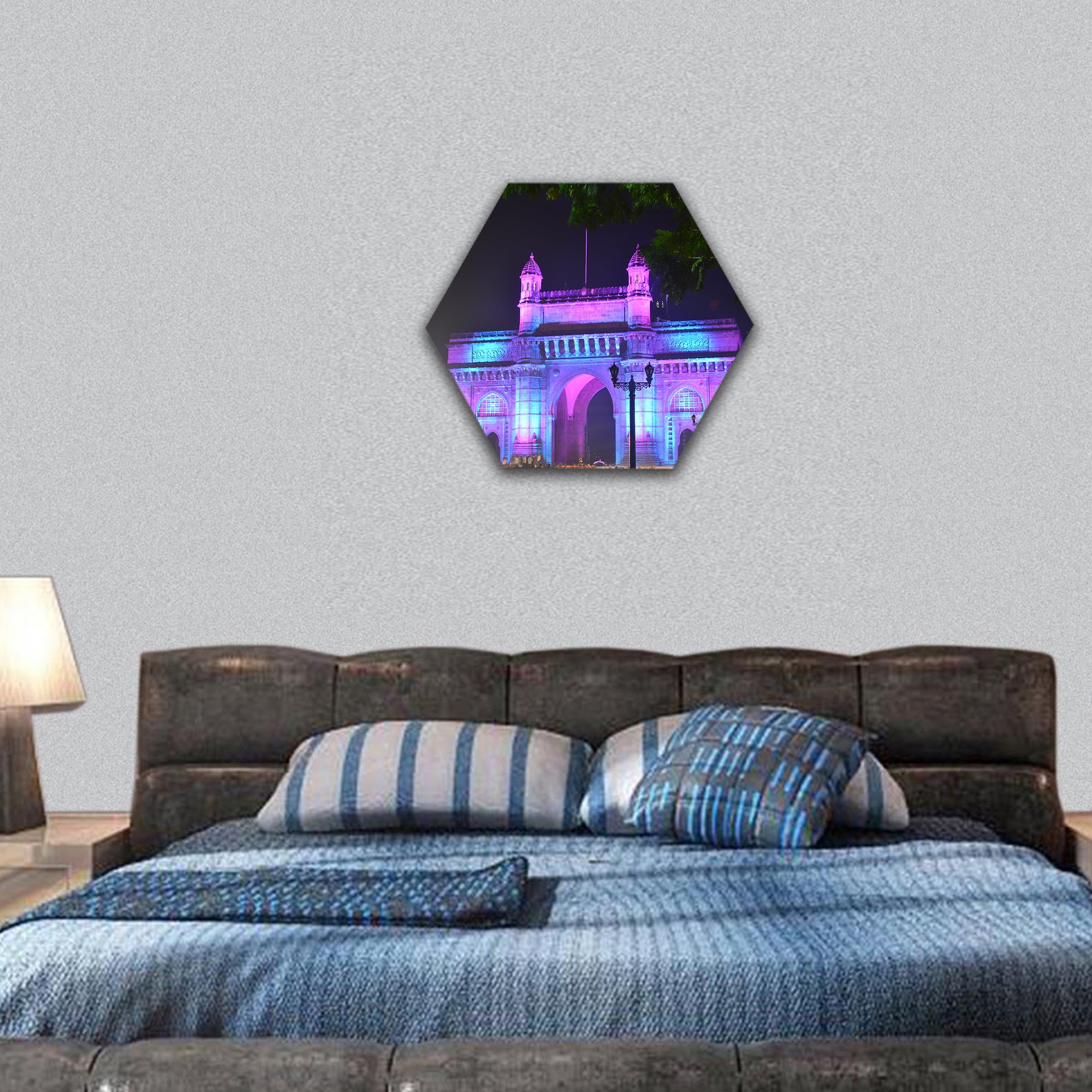 Gateway of India in Mumbai at night hexagonal canvas wall art