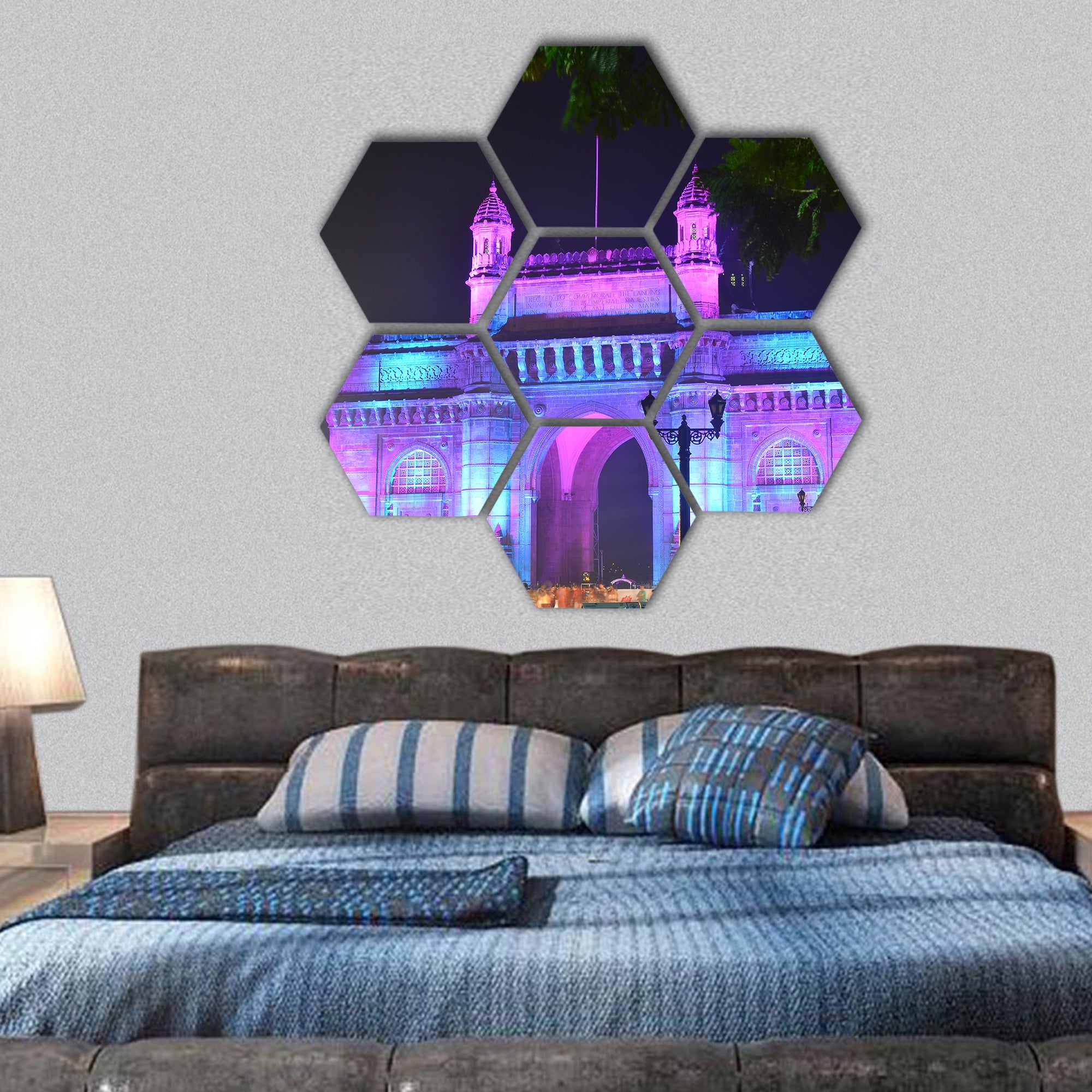 Gateway of India in Mumbai at night hexagonal canvas wall art