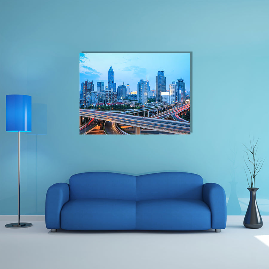A beautiful Shanghai skyline with highway traffic at dusk Multi Panel Canvas Wall Art