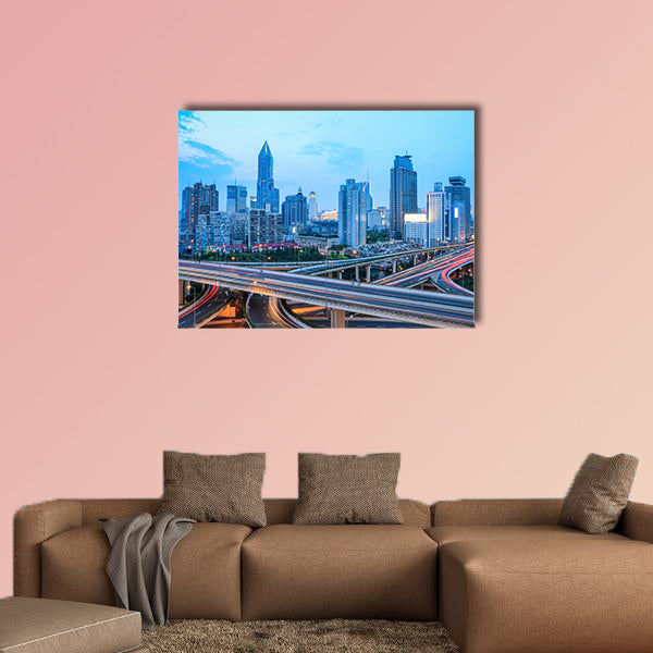 Beautiful shanghai skyline with highway traffic at dusk multi panel canvas wall art