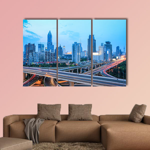 Beautiful shanghai skyline with highway traffic at dusk multi panel canvas wall art