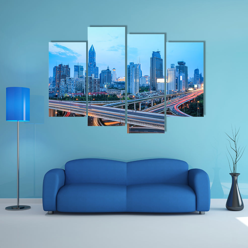 A beautiful Shanghai skyline with highway traffic at dusk Multi Panel Canvas Wall Art