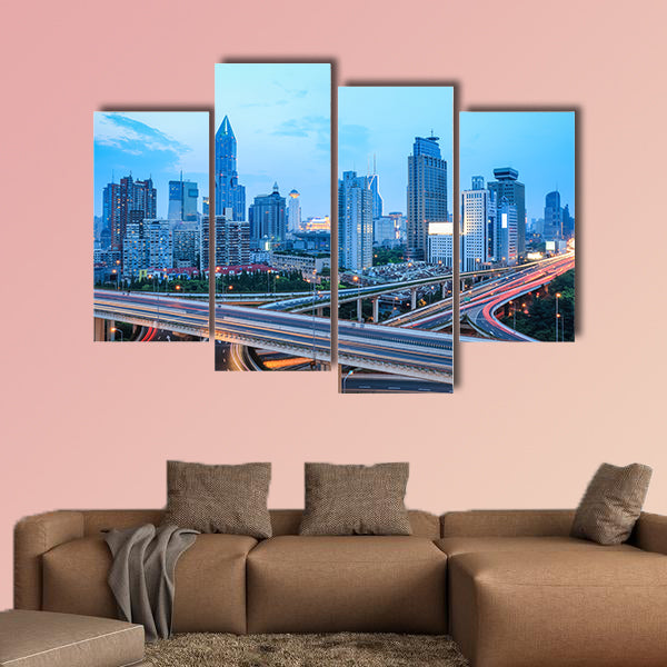 Beautiful shanghai skyline with highway traffic at dusk multi panel canvas wall art