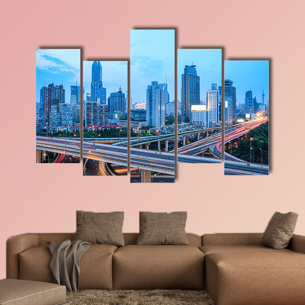 Beautiful shanghai skyline with highway traffic at dusk multi panel canvas wall art