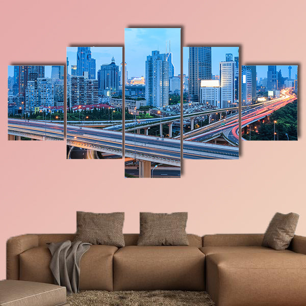 Beautiful shanghai skyline with highway traffic at dusk multi panel canvas wall art