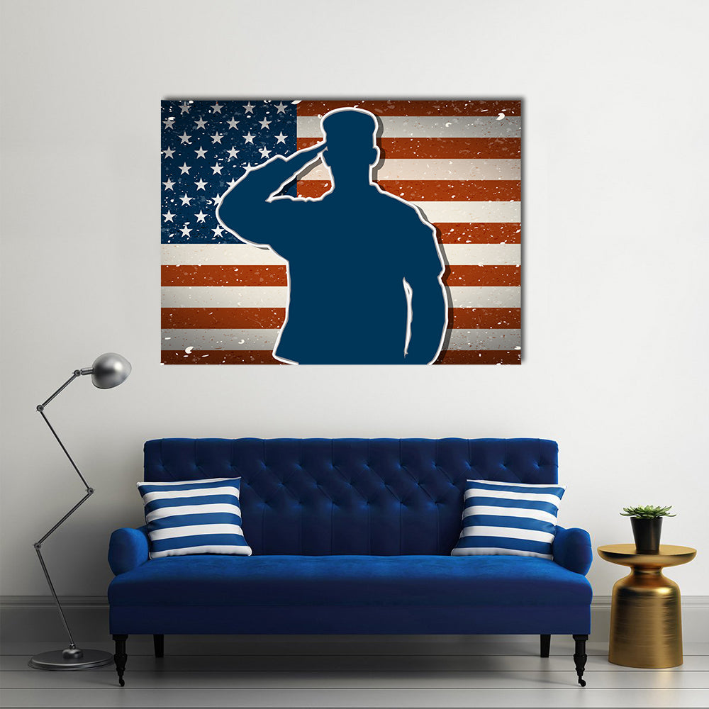 USA Army Soldier Saluting On Grunge American Flag Vector Multi Panel Canvas Wall Art