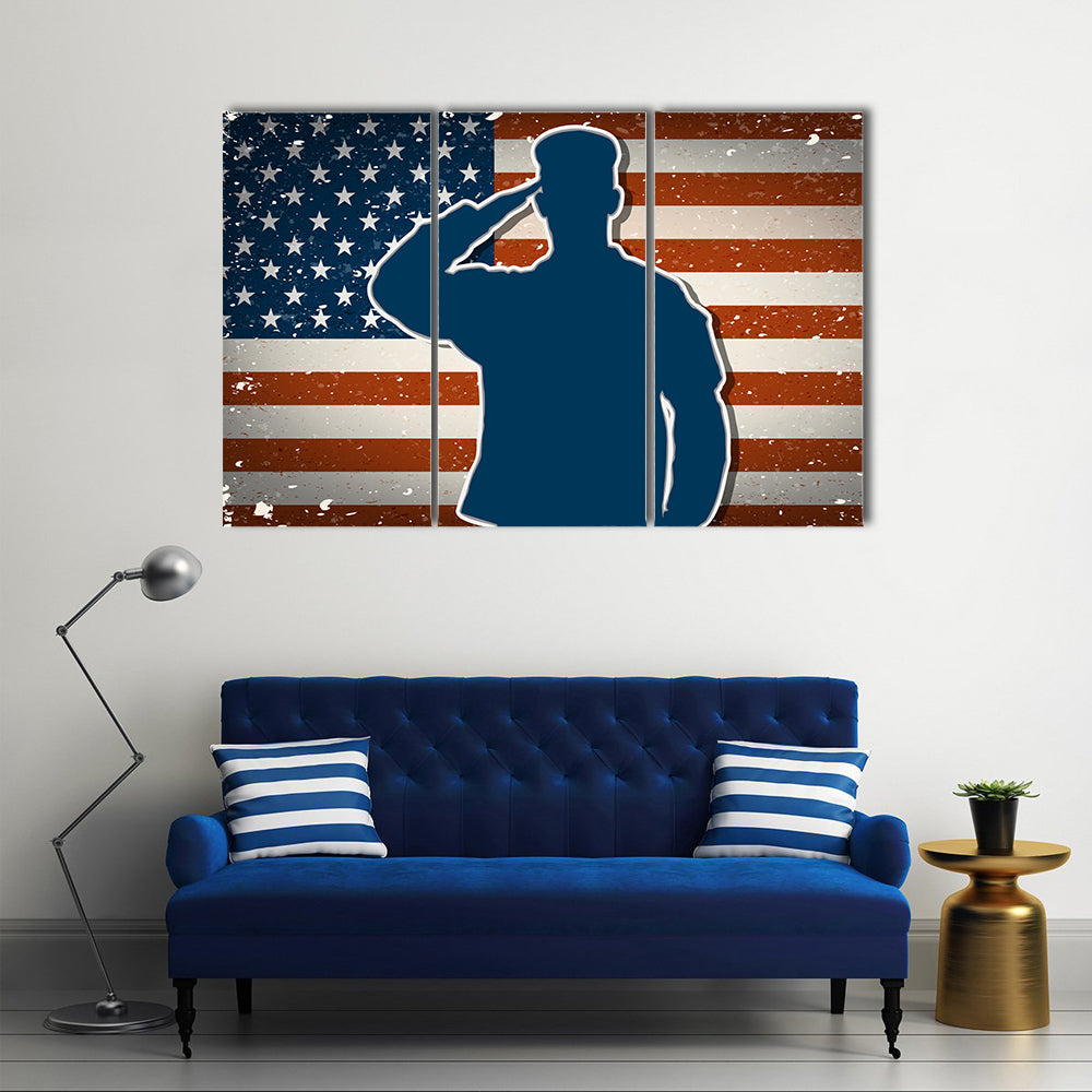 USA Army Soldier Saluting On Grunge American Flag Vector Multi Panel Canvas Wall Art