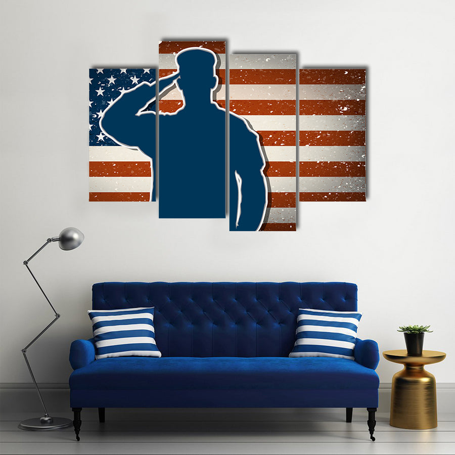 USA Army Soldier Saluting On Grunge American Flag Vector Multi Panel Canvas Wall Art