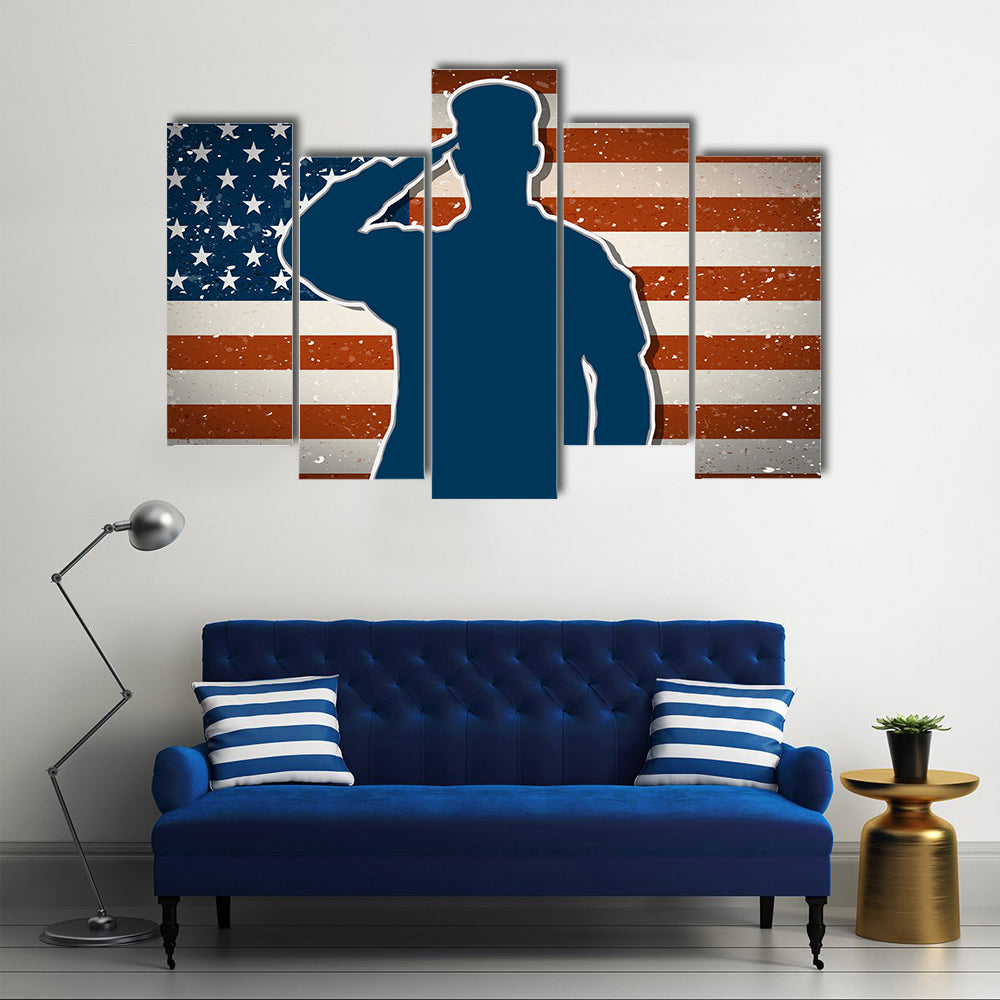 USA Army Soldier Saluting On Grunge American Flag Vector Multi Panel Canvas Wall Art