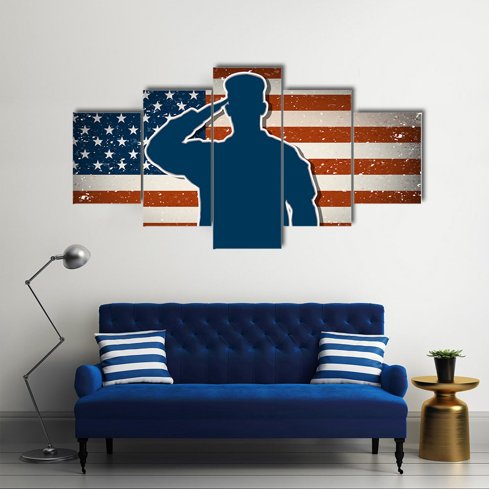 USA Army Soldier Saluting On Grunge American Flag Vector Multi Panel Canvas Wall Art