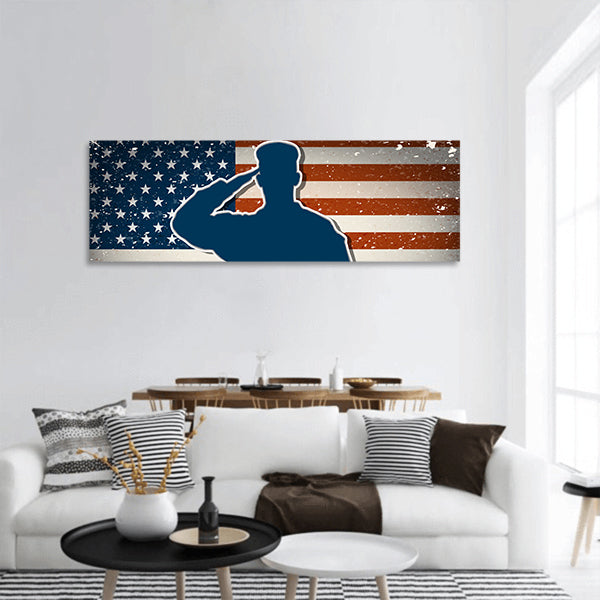 US Army soldier saluting on grunge american flag vector Panoramic Canvas Wall Art