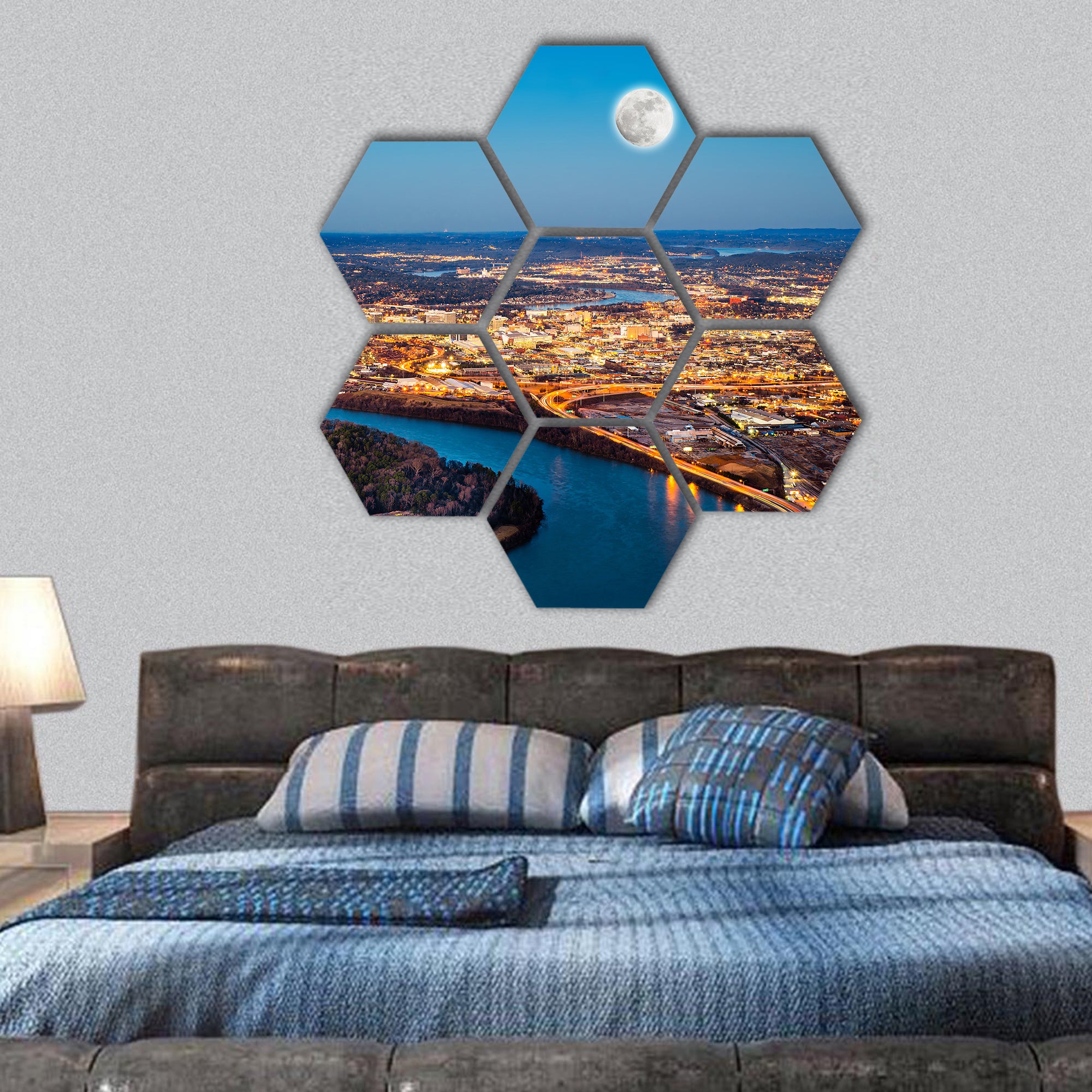 Chattanooga downtown at night hexagonal canvas wall art
