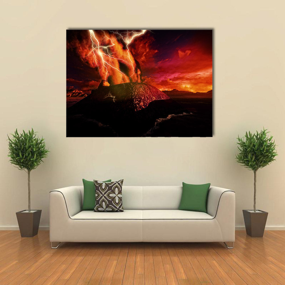 Closeup view of Anak Krakatau erupting - fantasy illustration multi panel canvas wall art