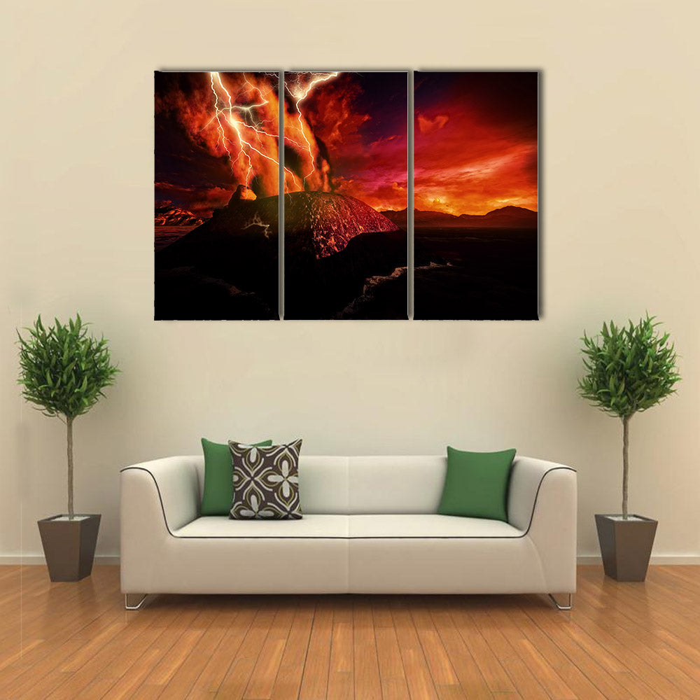 Closeup view of Anak Krakatau erupting - fantasy illustration multi panel canvas wall art