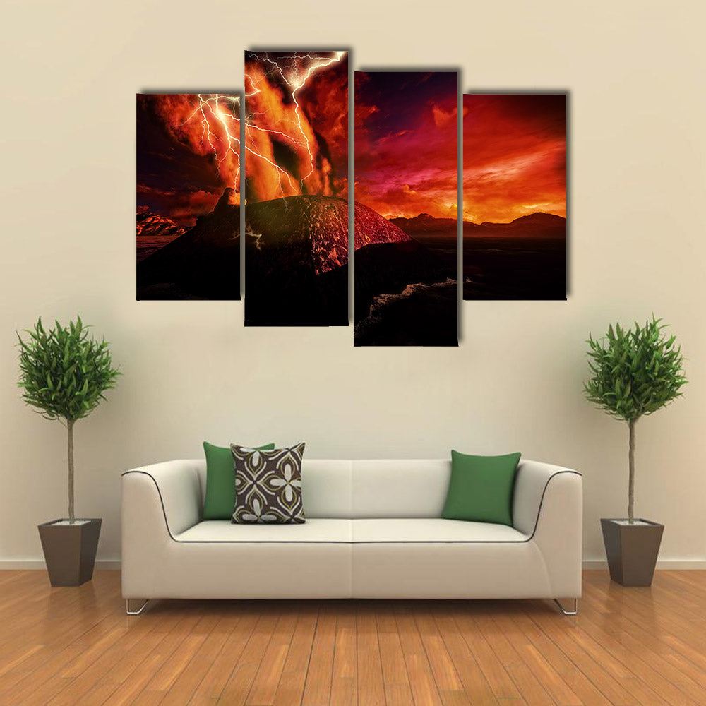 Closeup view of Anak Krakatau erupting - fantasy illustration multi panel canvas wall art
