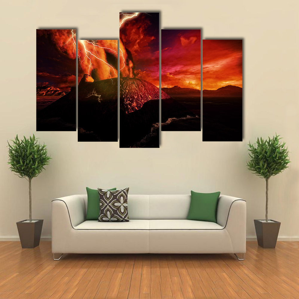 Closeup view of Anak Krakatau erupting - fantasy illustration multi panel canvas wall art