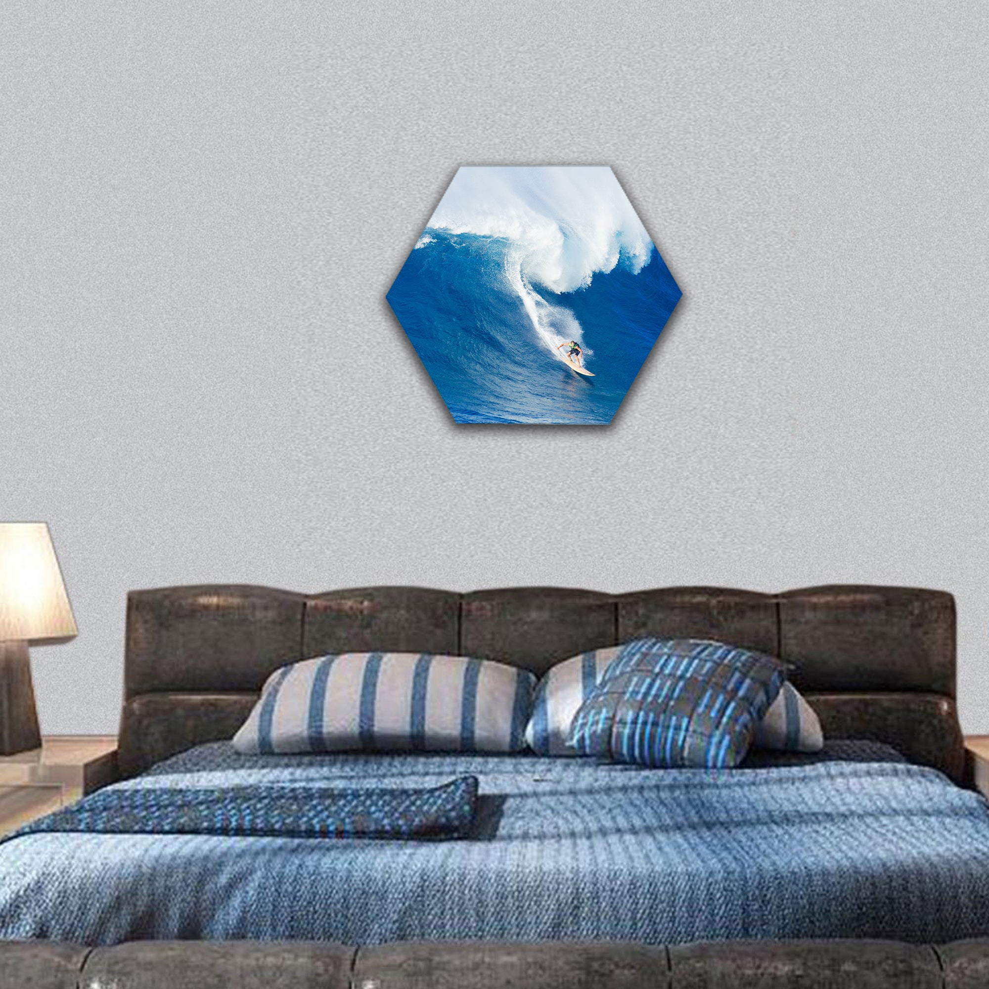 Extreme surfer riding giant ocean wave in Hawaii hexagonal canvas wall art