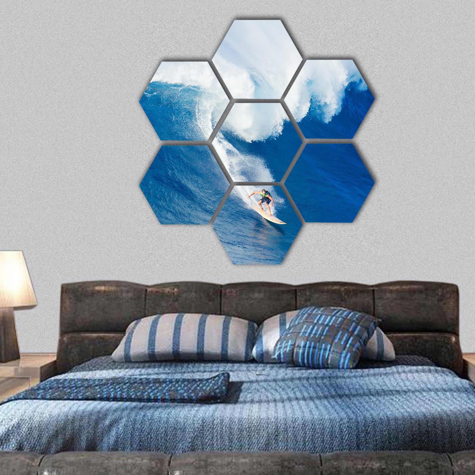 Extreme surfer riding giant ocean wave in Hawaii hexagonal canvas wall art