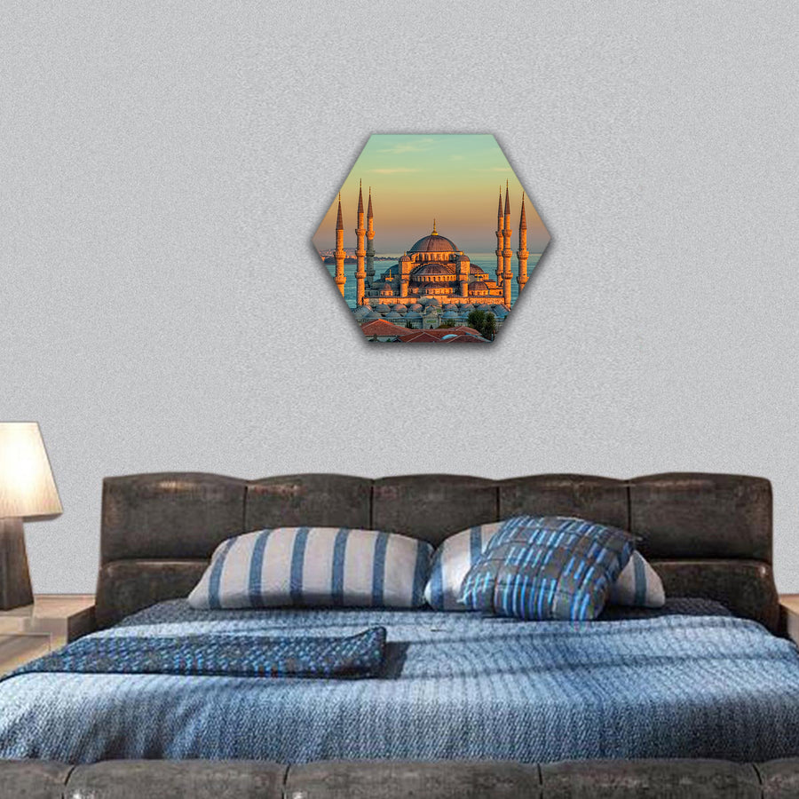 Blue mosque in sunset, Istanbul, hexagonal canvas wall art