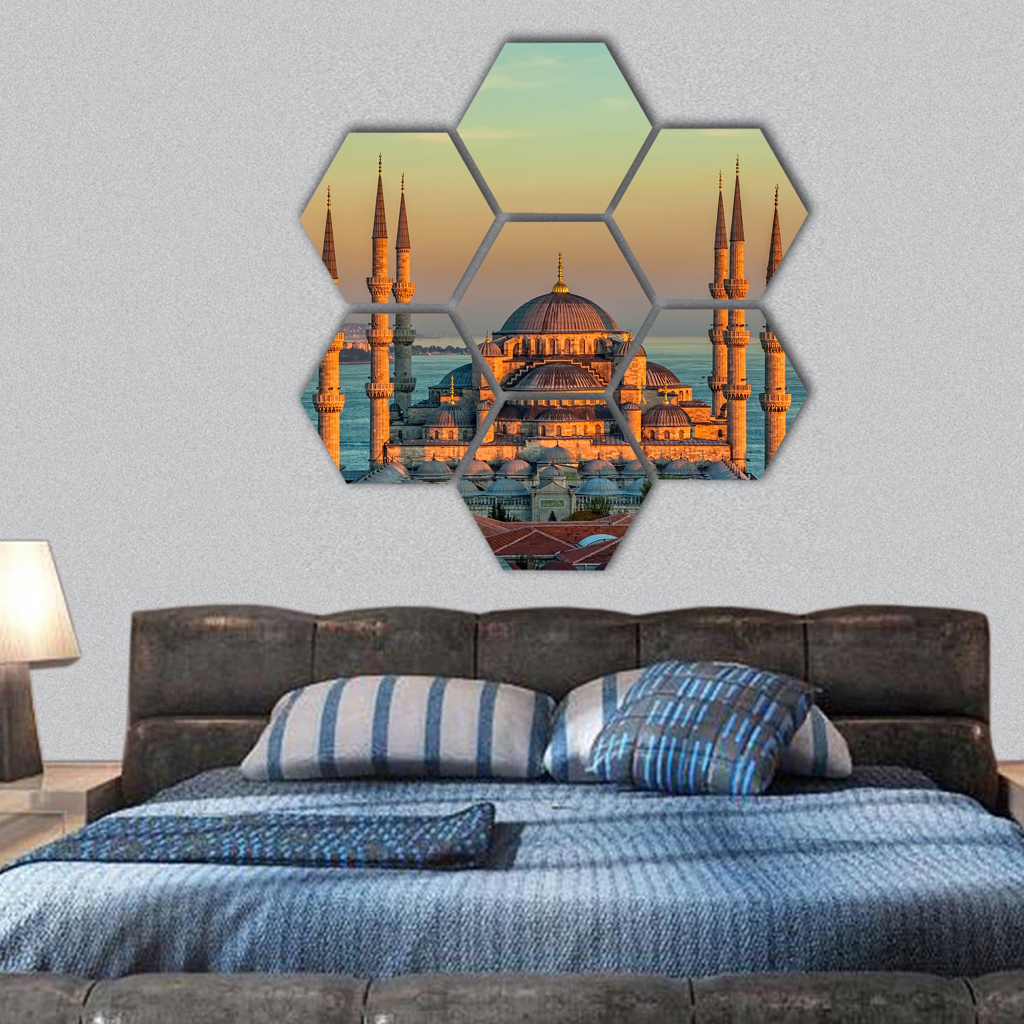 Blue mosque in sunset, Istanbul, hexagonal canvas wall art