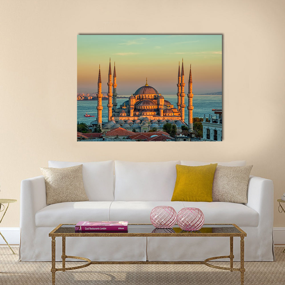 Blue mosque in glorius sunset Multi panel canvas wall art