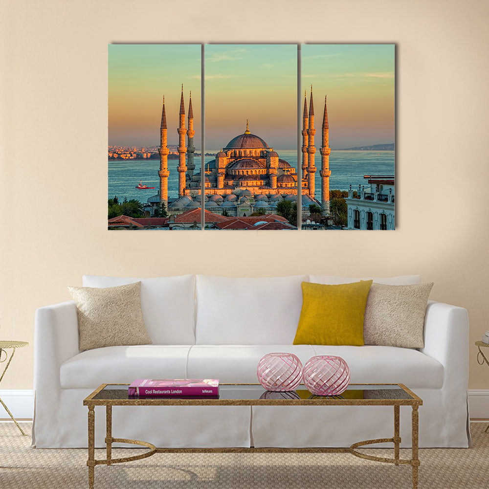 Blue mosque in glorius sunset Multi panel canvas wall art