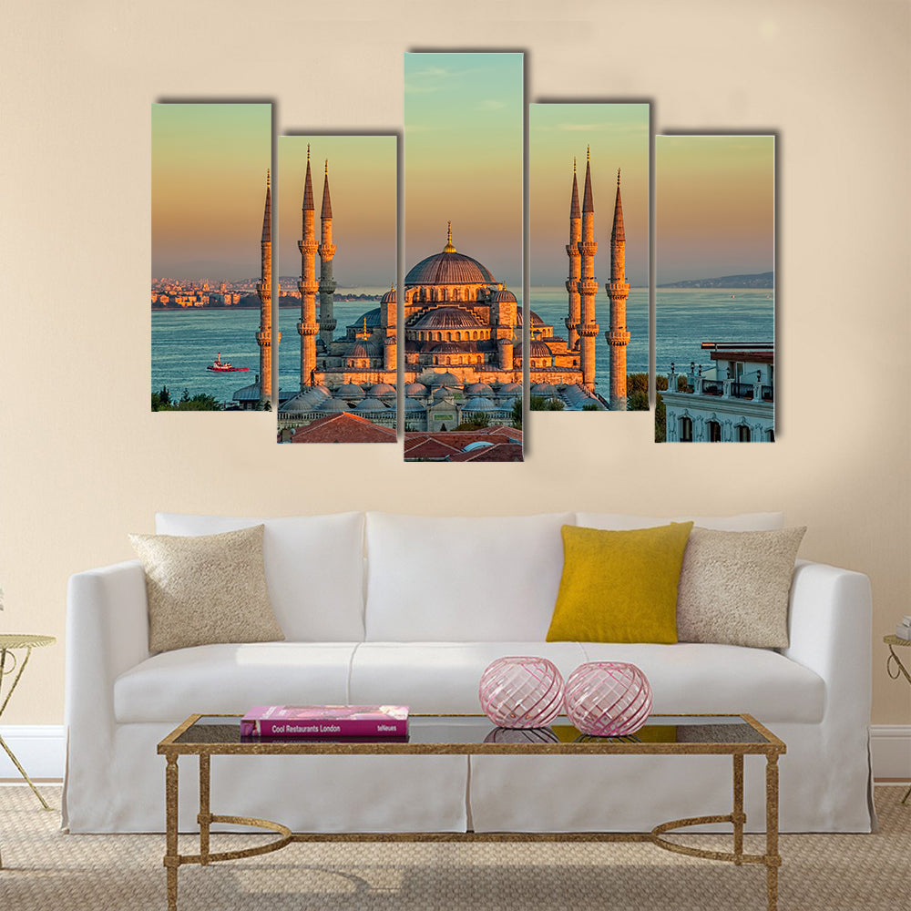Blue mosque in glorius sunset Multi panel canvas wall art