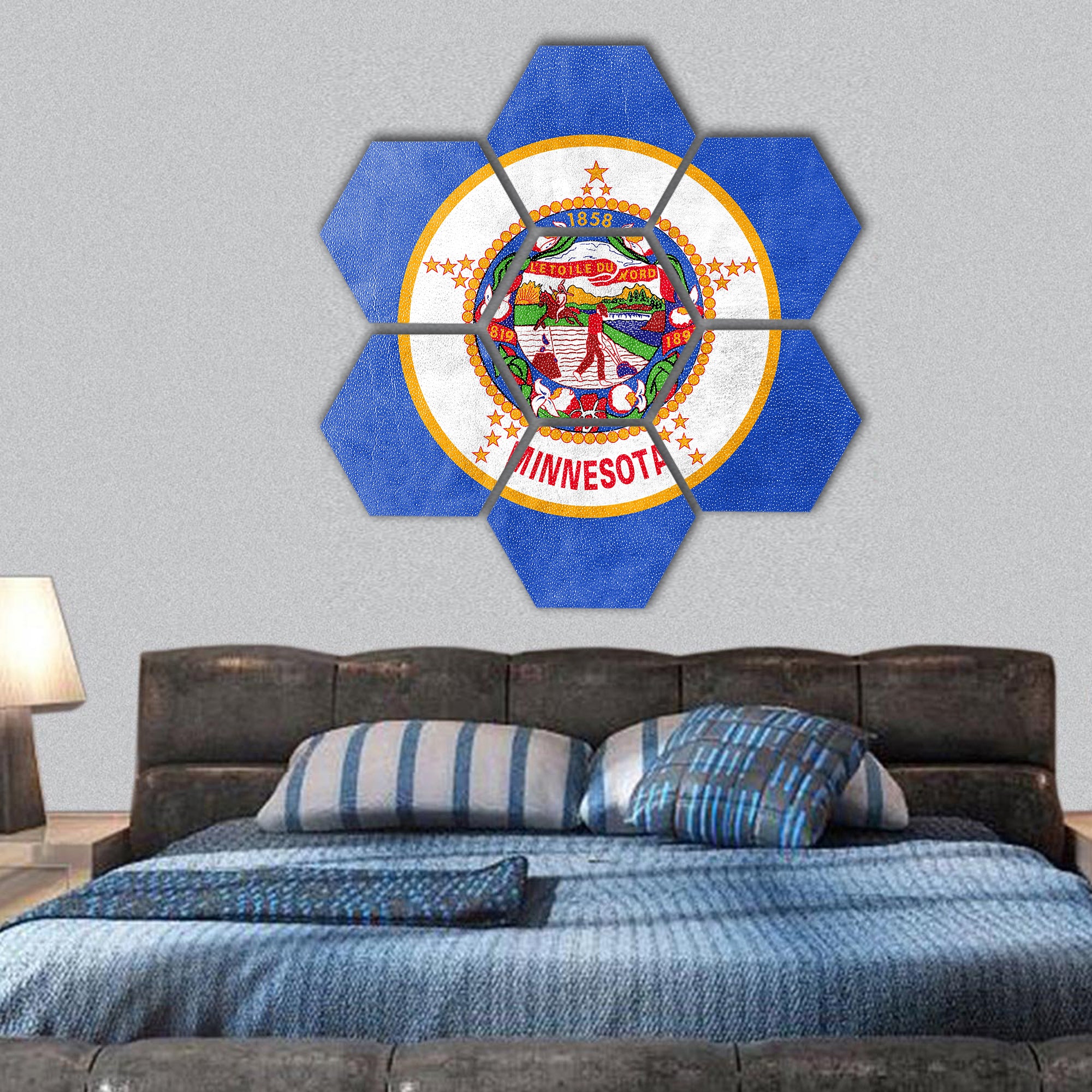 Minnesota State Flag painted on leather texture hexagonal canvas wall art