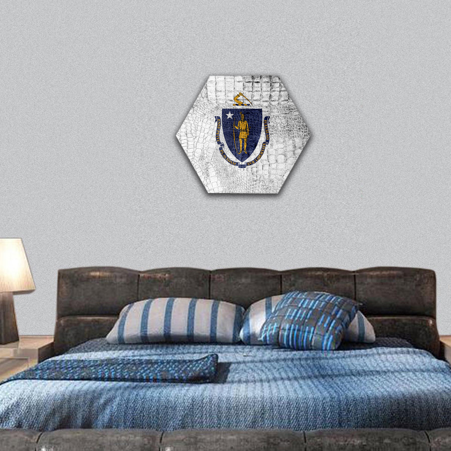 Massachusetts State Flag painted on luxury crocodile texture hexagonal canvas wall art