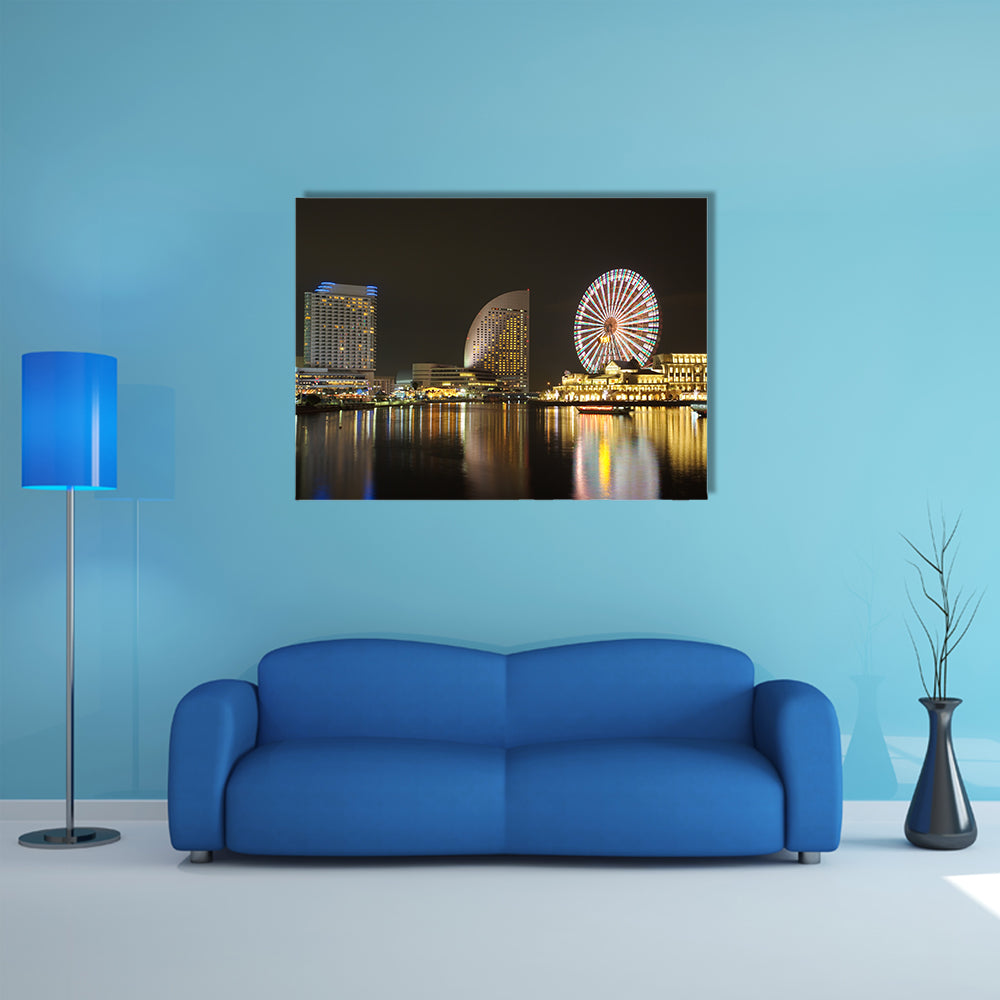 Yokohama skyline at the Minato Mirai area at night view multi panel canvas wall art
