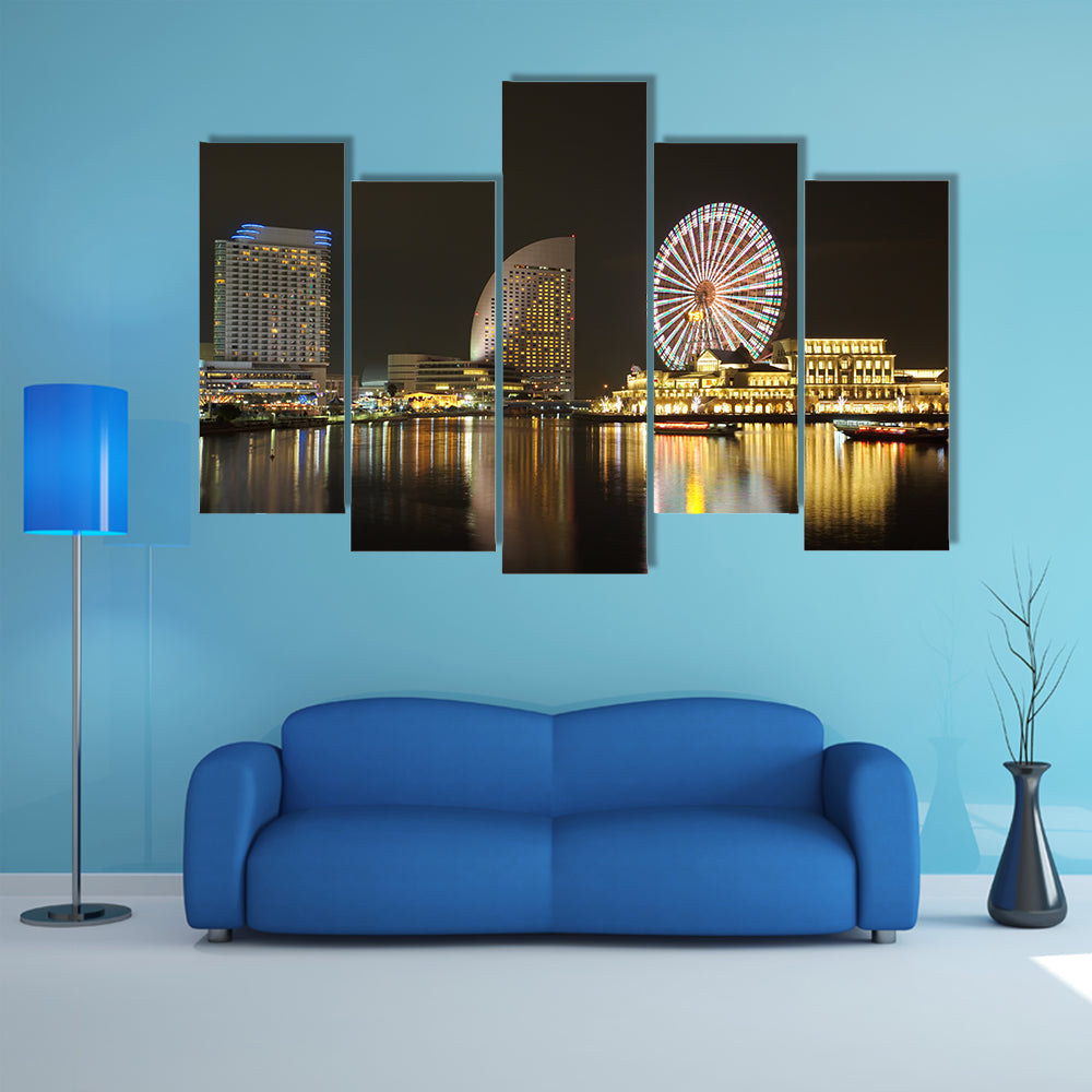 Yokohama skyline at the Minato Mirai area at night view multi panel canvas wall art