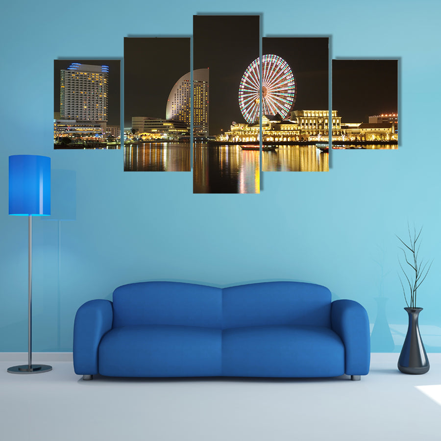 Yokohama skyline at the Minato Mirai area at night view multi panel canvas wall art