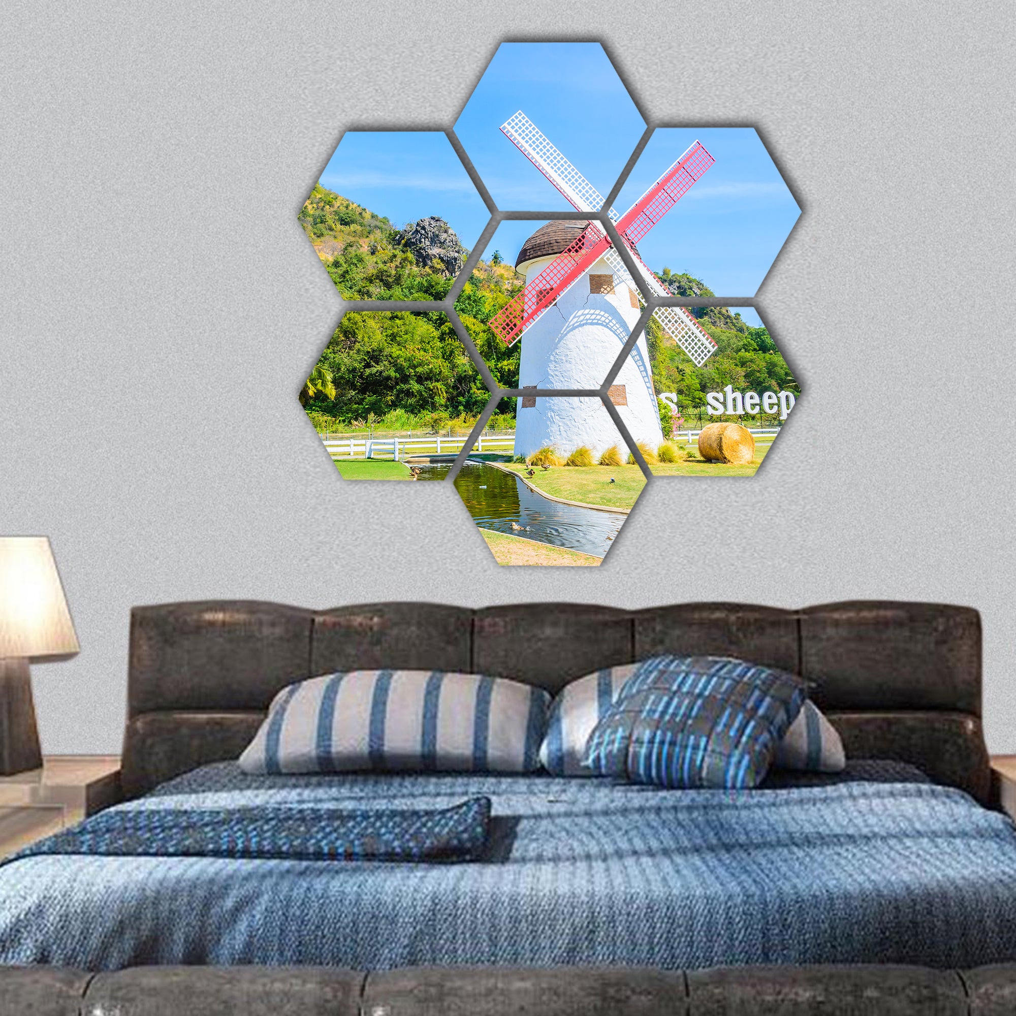 Windmill hexagonal canvas wall art