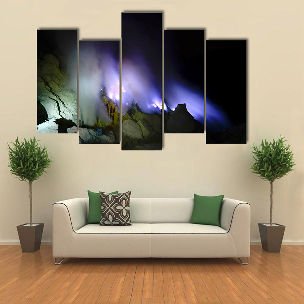 Kawah Ijen volcano, East Java - blue sulfur flames multi panel canvas wall art