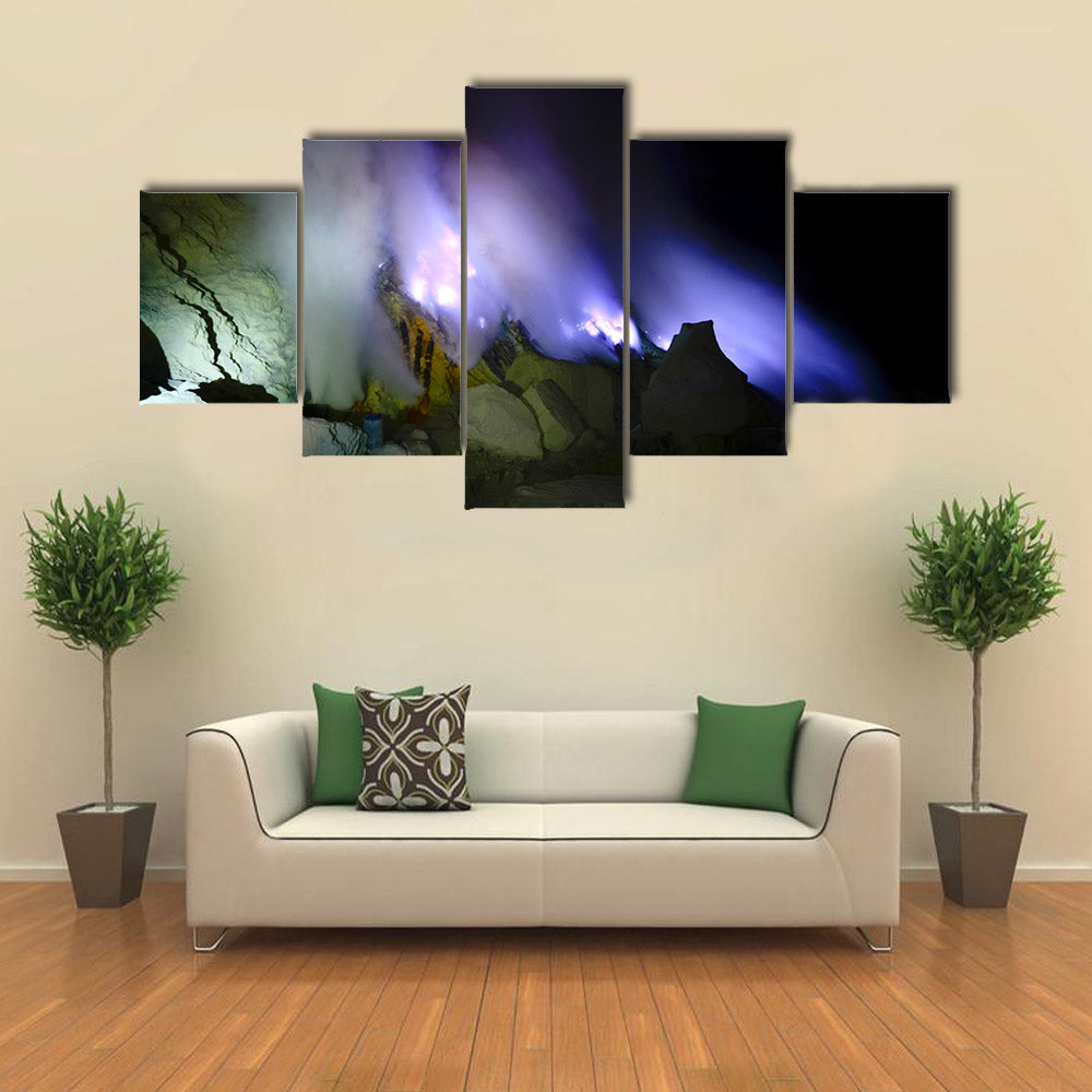 Kawah Ijen volcano, East Java - blue sulfur flames multi panel canvas wall art